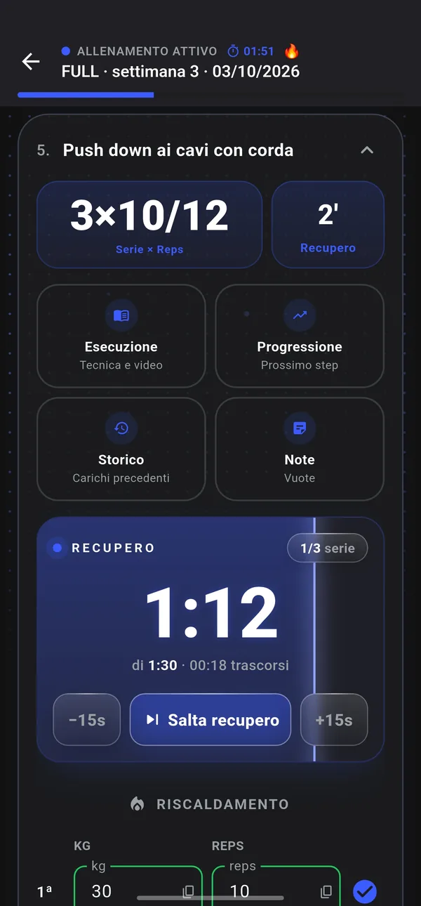 Timer di recupero a 1 minuto e 12 secondi su 1 minuto e 30, con i tasti meno 15 secondi, salta recupero e più 15 secondi