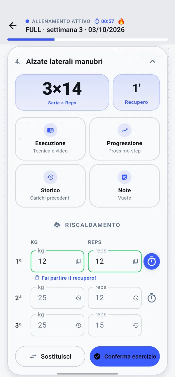 Seduta in corso: alzate laterali con manubri, 3 serie da 14 e 1 minuto di recupero, tasti per tecnica e video, progressione, storico e note, e le serie da compilare