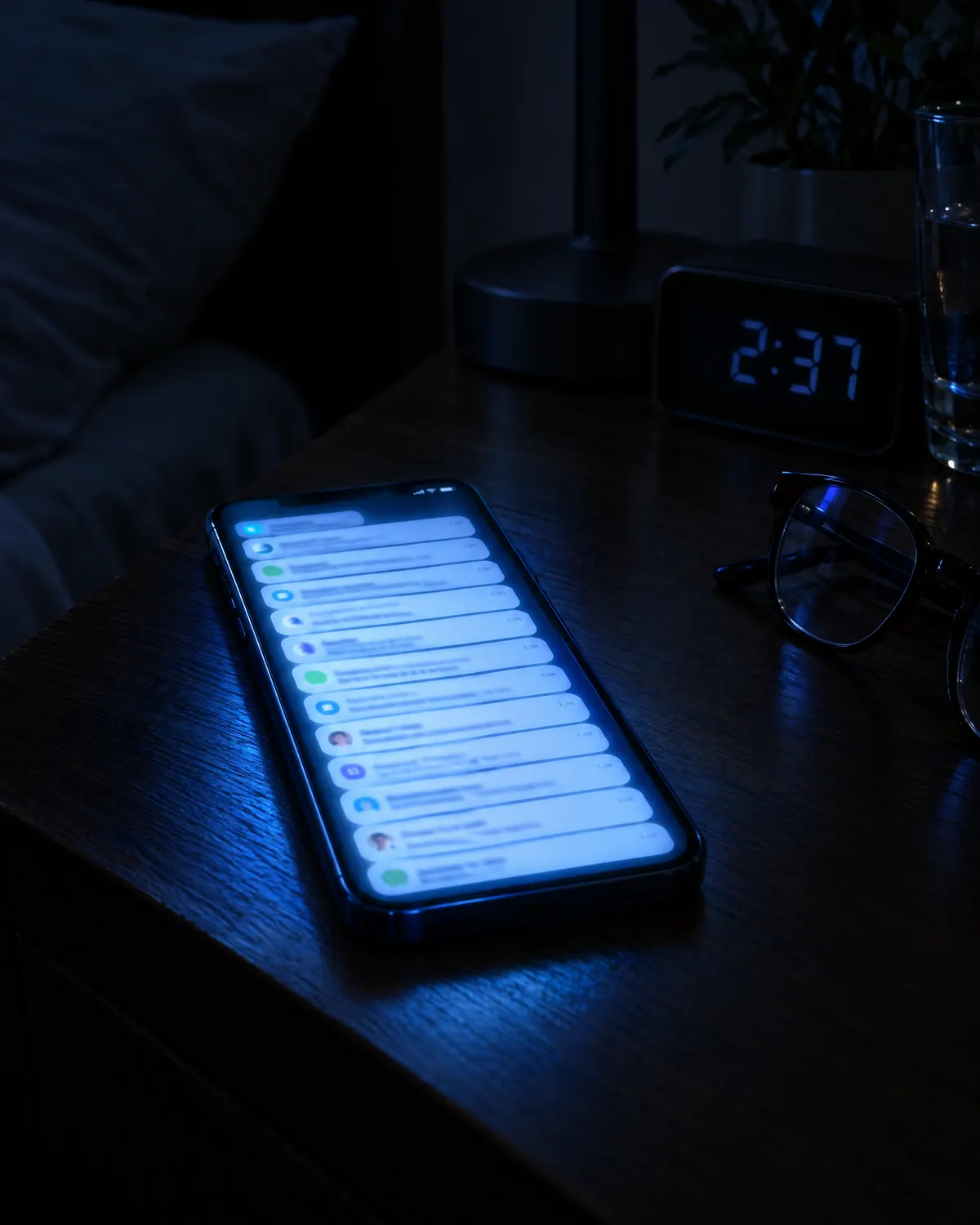Uno smartphone sul comodino alle 2:37 di notte, pieno di notifiche